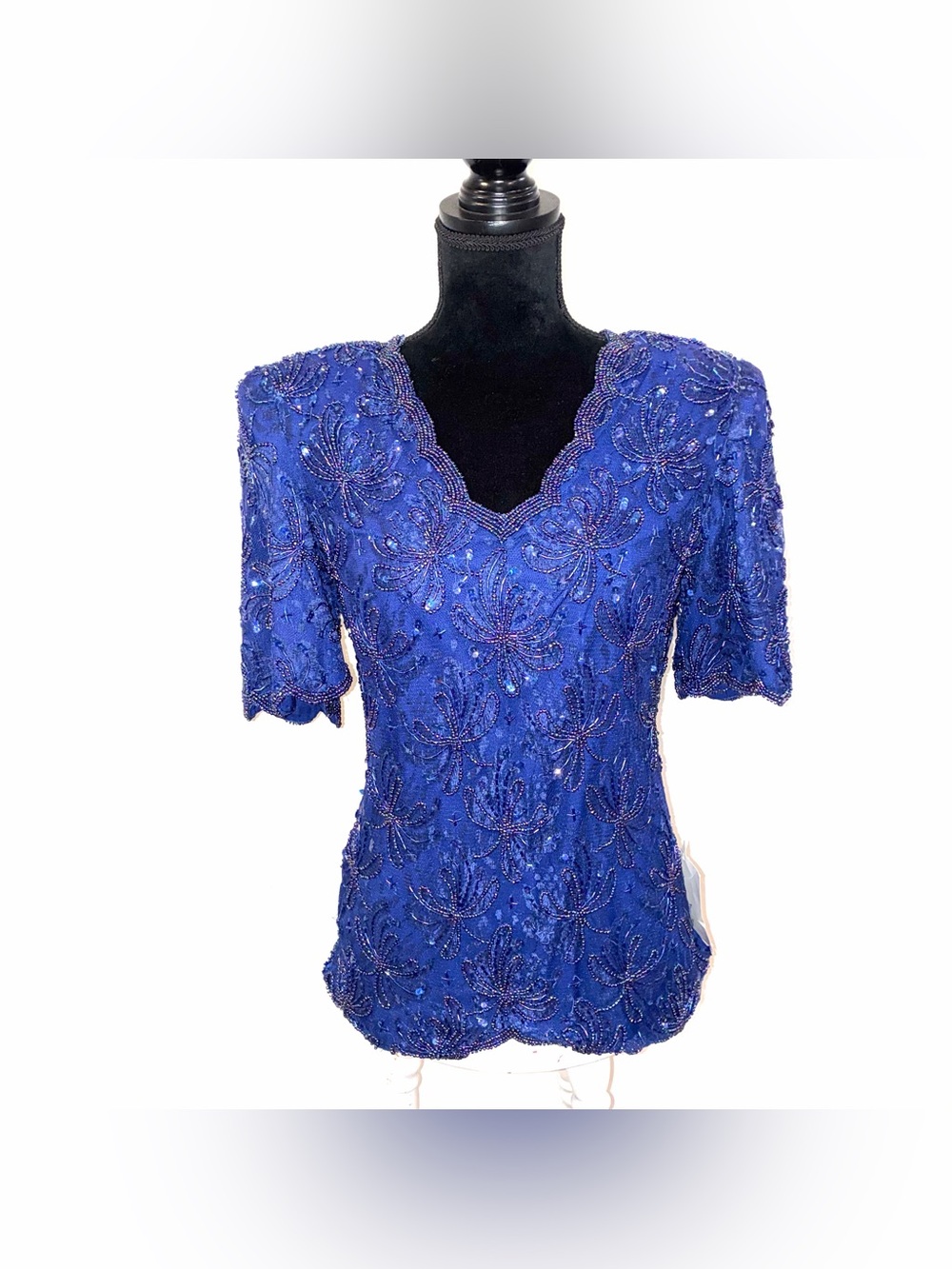 Vtg Laurence Kazar Sequin Embellished Royal Blue V-Neck Women's Top Size S NWT
